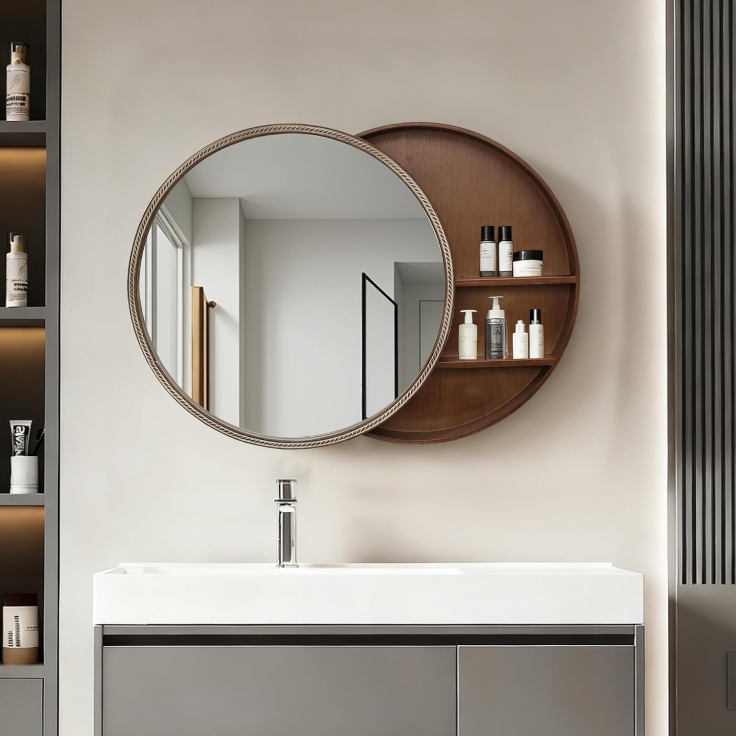 24" Moisture Proof Bathroom Storage, Multifunctional Organizer with Sliding Mirror, Practical Cabinet with 2-Tier Shelves for Vanity Area, Natural Wood