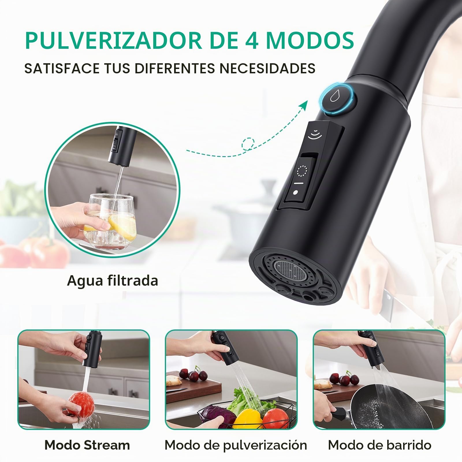 CREA Grifo de cocina de 3 vías,3 En 1 Grifo De Fregadero,Negro Mate | Giratorio a 360° Grifo Monomando Fregadero De Cocina Para Filtro De Agua , De Cocina Para Sistemas De Ósmosis