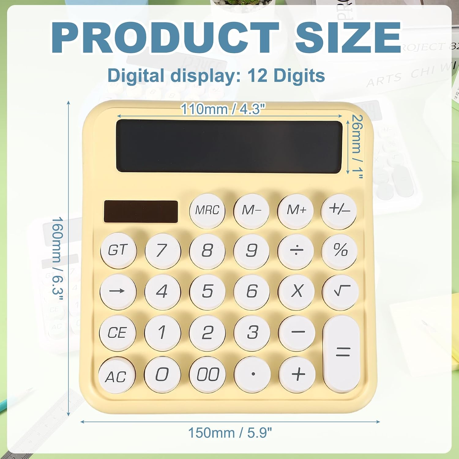 PATIKIL Cute Calculator, Desk Calculator Basic Big Button 12 Digit Large Display Mechanical AAA Battery Solar Power for Office Supplies Girl Female Woman Gift, Yellow