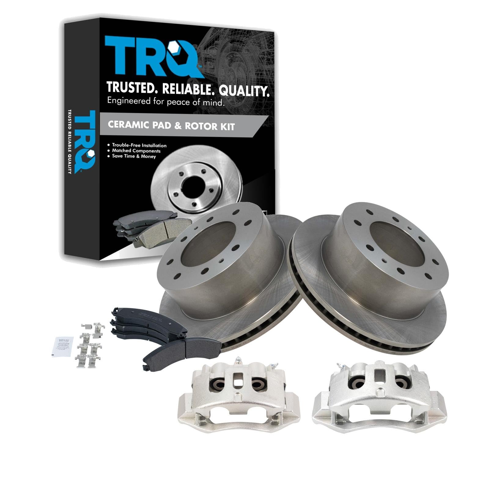 TRQ Rear Semi-Metallic Brake Pad, Rotor &amp; Caliper Kit for Chevy