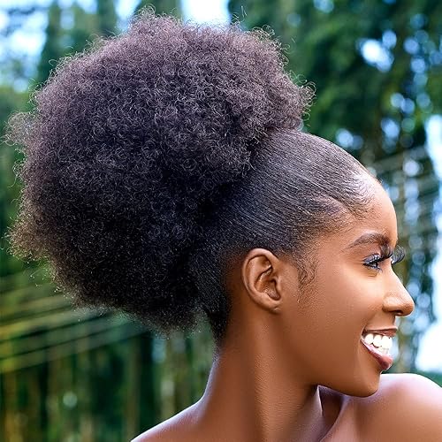 Melanair Extensión de cola de caballo afro con cordón para mujeres negras sintético corto afro kinkys rizado afro moño extensión extensiones de
