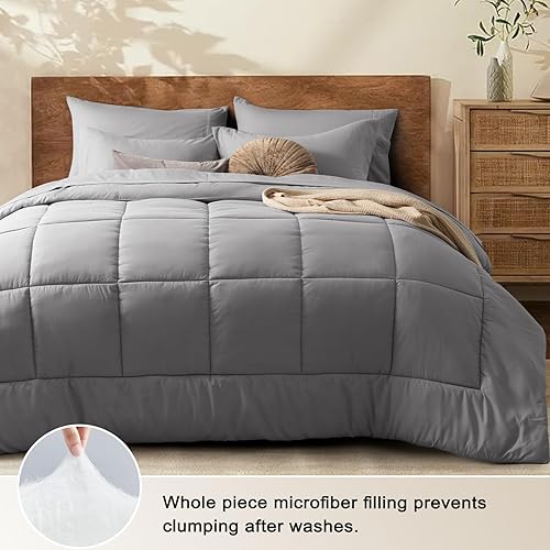 Miniatura 4 de PHF Juego de edredón de 7 piezas tamaño Queen gris, cama en una bolsa y juego de sábanas de 18" para todas las estaciones, ropa de cama ultrasuave y