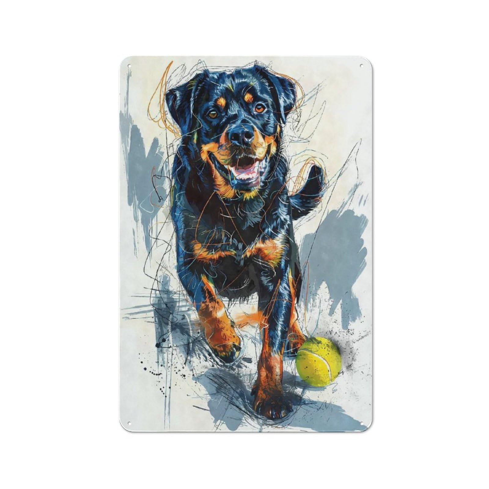 Junmoney Rottweiler Catching Ball Printed Metal Sign 30X20cm For Guest Room Or Hallway, Suited To Home Decor Collectors