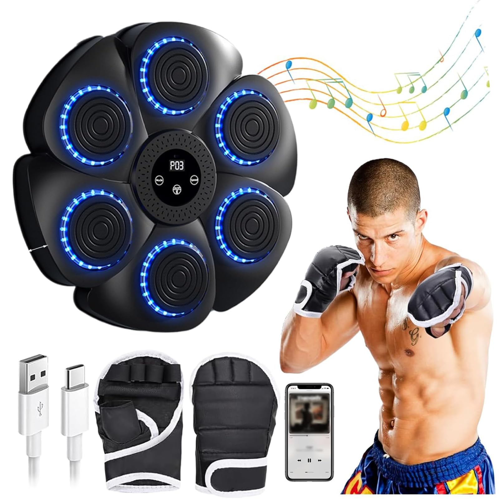 VUCATINMusic Boxing Machine with Gloves, Smart Bluetooth Music Boxing Trainer Wall Mounted, Boxing Training Punching Equipment for Kids Adults Home Workout Hand Eye Coordination Training