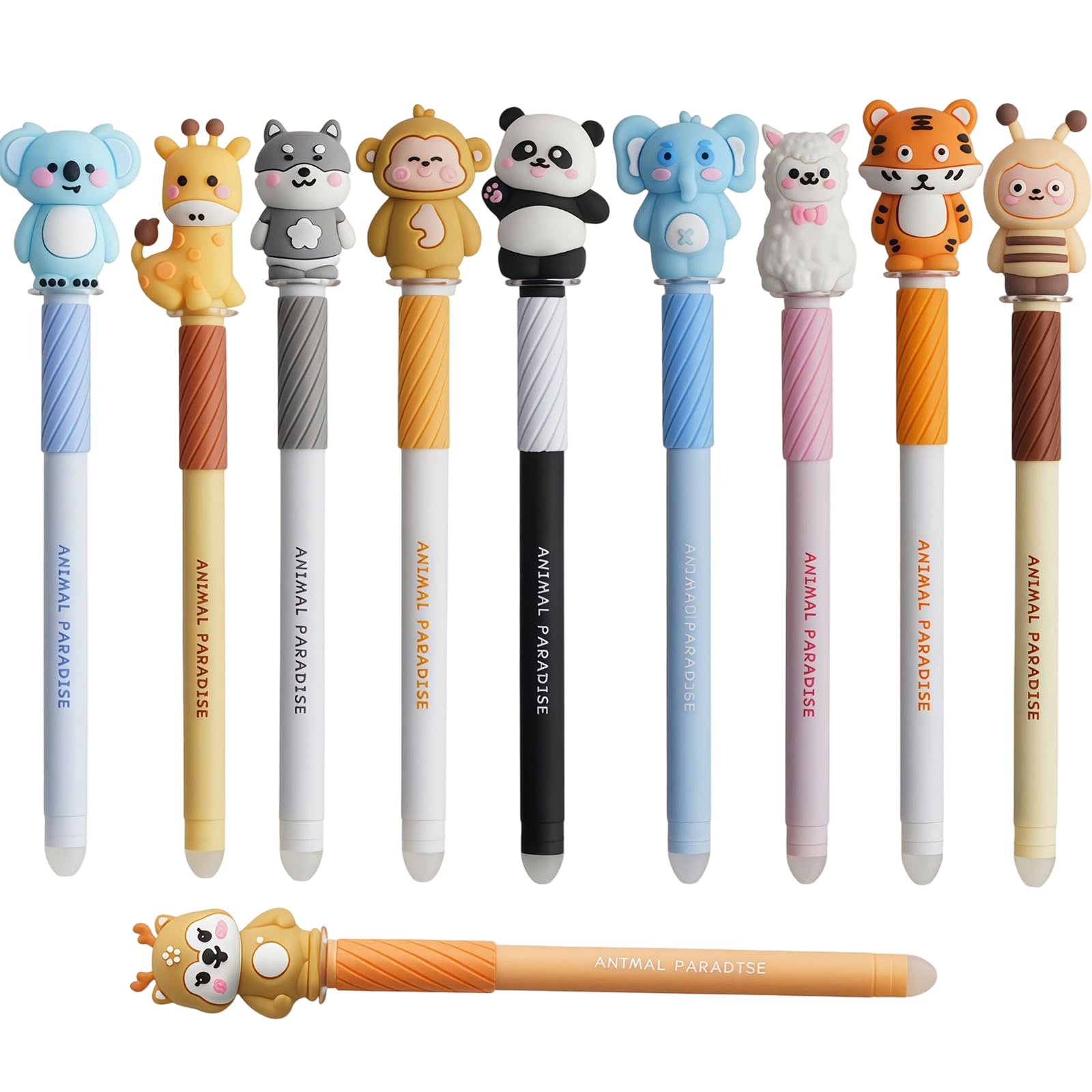 FloralGrace Erasable Pen Set 10 Pieces, 3D Cartoon Animal Pen Caps, Erasable Ballpoint Gel Pens for Kids, Smudge-Resistant Ink Pens for School and Office