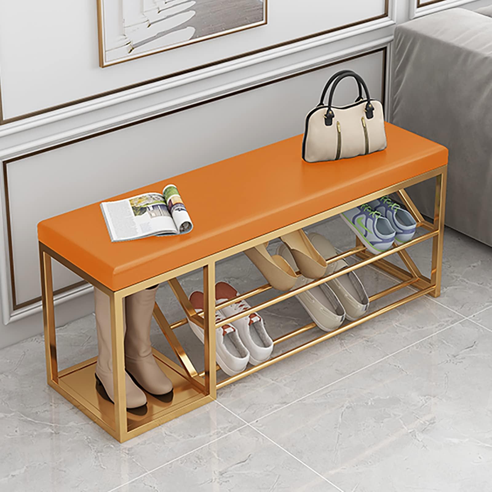 Banc à chaussures à 2 niveaux en métal meuble de rangement entrée avec assise cuir B