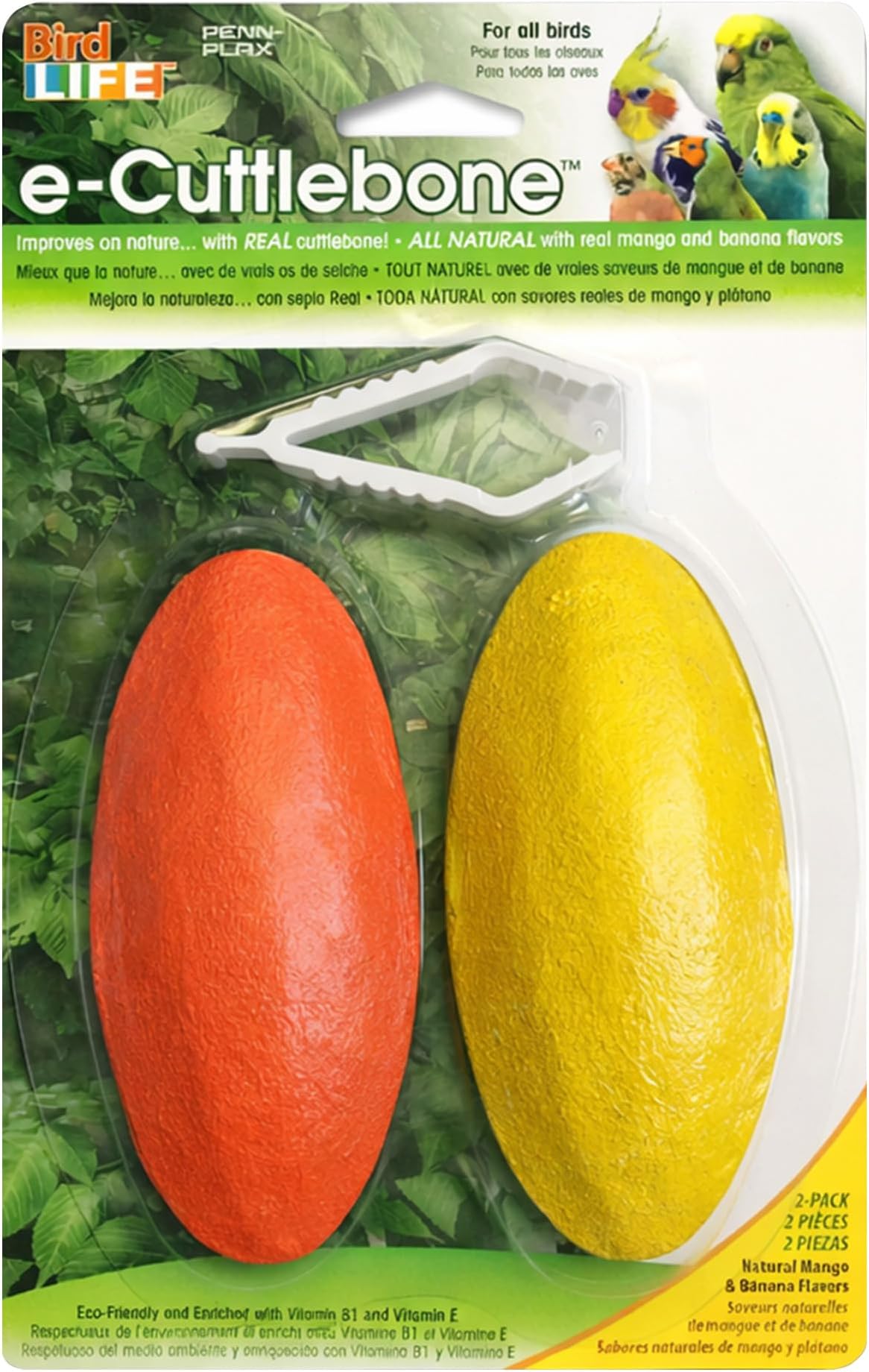 Bird-Life 2-in-1 E-Cuttlebone & Mineral Block, 1 Pack (2 Counts) - Yellow Banana & Pink Berry Flavor - Enriched with Vitamins, Omega 3 & Honey - Easy Mounting - Great for All Bird Sizes
