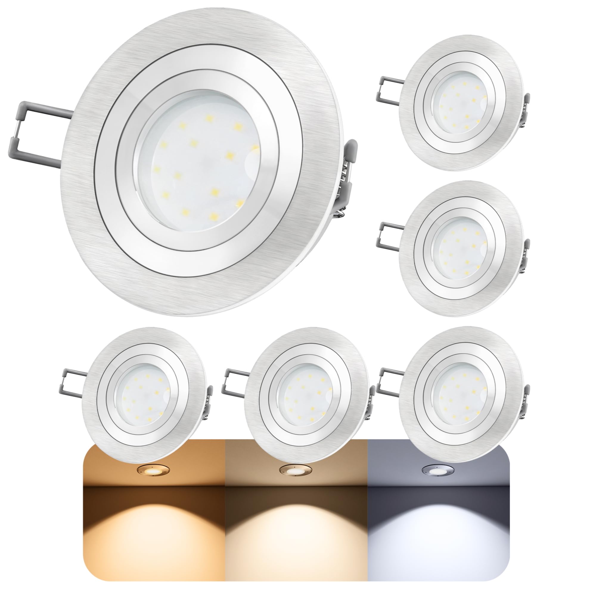SSC-LUXon RF-2 6er Set LED Einbaustrahler dimmbar flach 30mm - 3 Lichtfarben einstellbar - schwenkbar Alu gebürstet 230V 6W