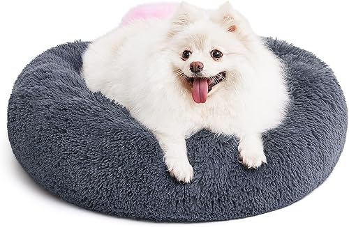 MIXJOY - Cama ortopédica para mascotas tipo dona, cómoda cama redonda para perros y gatos, ultrasuave, lavable, 23 x 23 pulgadas, color gris y azul