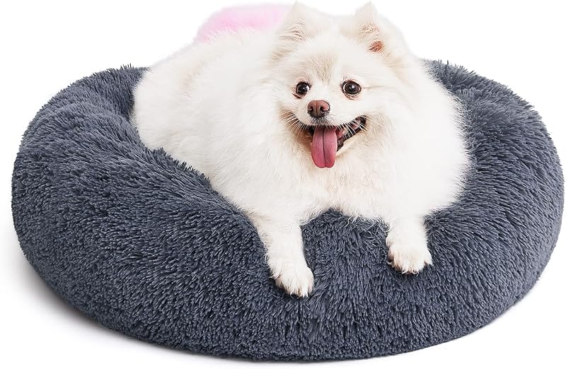 Cama redonda para cães e gatos MIXJOY com pelúcia macia e borda elevada 58,42 x 58,42 x 15,24 cm, cinza