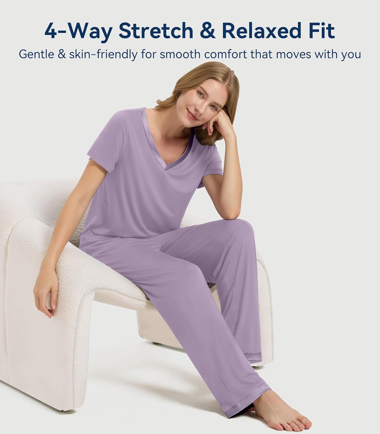 WiWi Womens Viscose from Bamboo Pajamas Set Short Sleeve Top with Pants Pjs Soft V Neck Sleepwear Lightweight Loungewear S-3X - Image 2