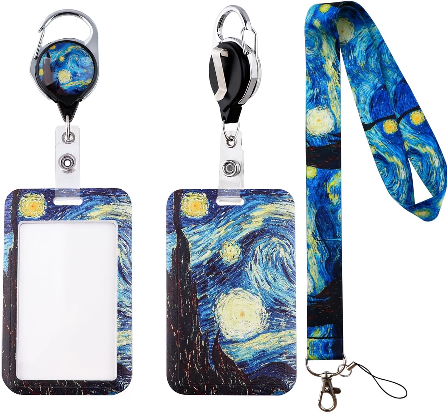 Lanyard with ID Badge Holder Durable Retractable Reel Clip, Designed Lanyards for ID Badges Keys Waterproof Name Tag Card Vertical Protecter, Van Gogh