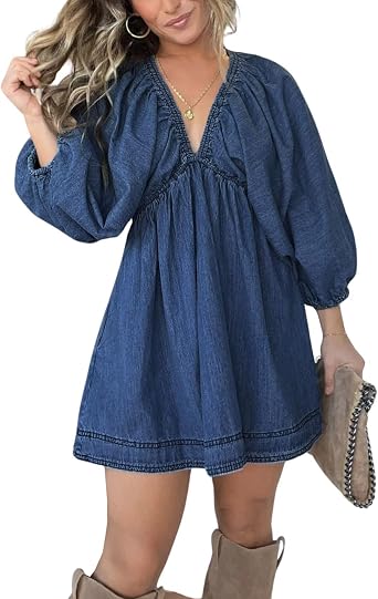 utcoco Denim Dress for Women Puff 3/4 Sleeves V Neck Swing A Line Cute Babydoll Mini Jean Dresses for Women 2026 Medium, Dark Blue