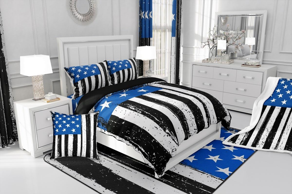 Erosebridal American Flag Bedding Set Queen Size Black and White Duvet Insert Fourth of July Independence Day Theme Decor USA Comforter Set Retro Blue Stars and Stripes USA Flag Duvet Stuffing