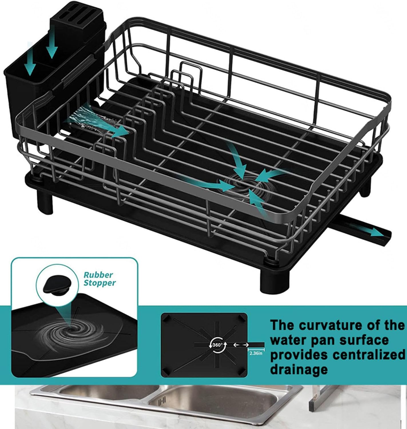 Dish Drying Rack, Dish Racks for Kitchen Counter, Compact Dish Drainer with Removable Utensil Holder& Cup Holder Auto Drainage System