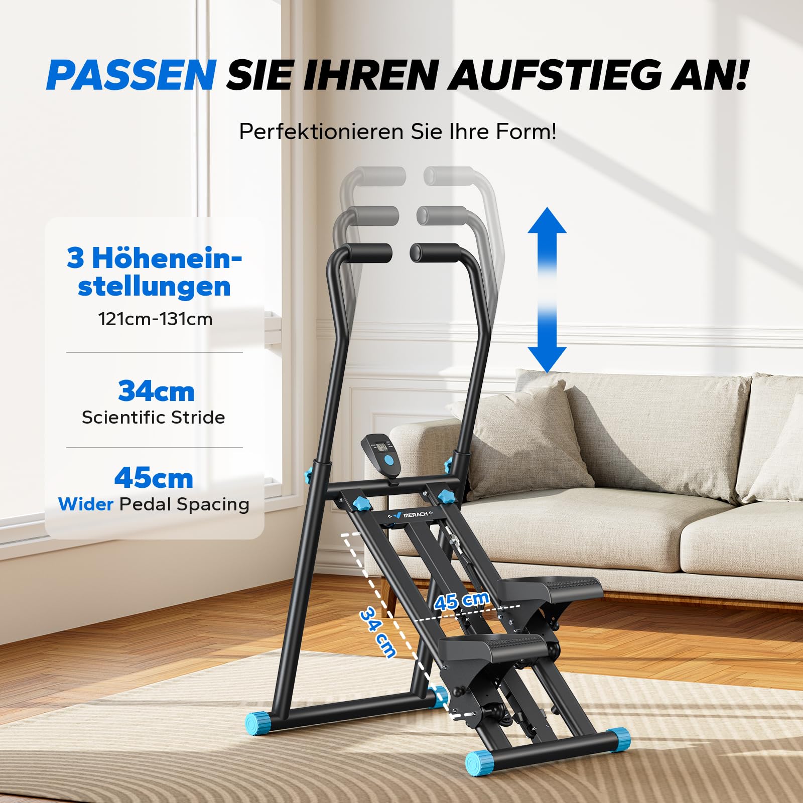 MERACH Stair Stepper Pro 2026, Stairmaster per la casa con 3 livelli di resistenza regolabili, pieghevole, cardio, verticale, con manubrio regolabile, per casa, ufficio, fitness
