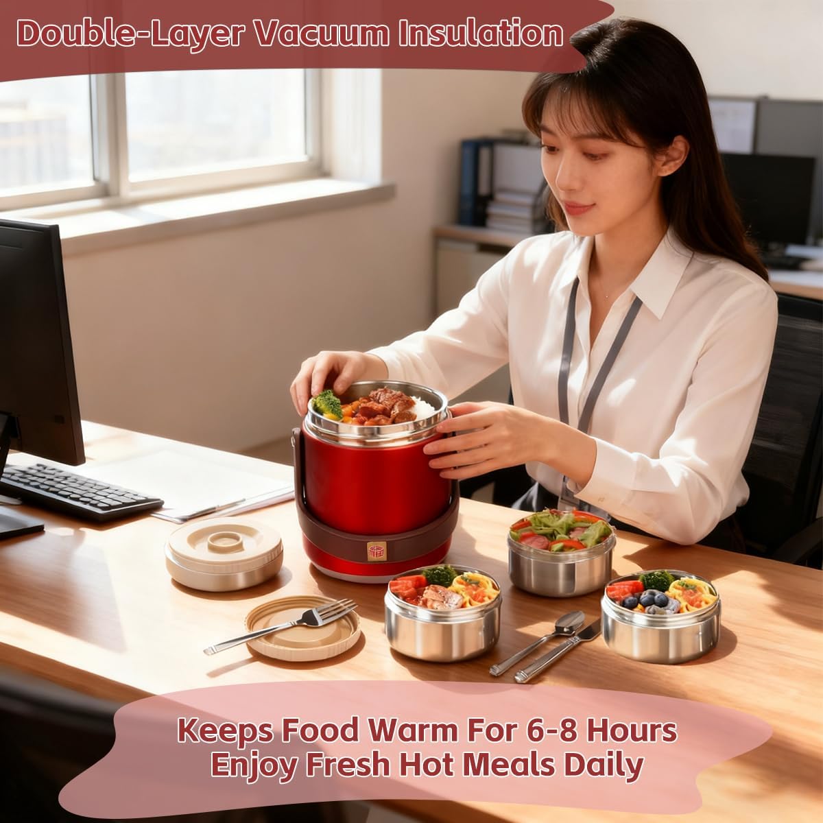 67oz Vacuum Insulated Lunch Food Container for Hot Food, 3 Tier Sealed Stackable Food Thermo, Adults Stainless Steel Wide Mouth Thermal Lunch Box, Leak-Proof Thermo Food Jar for Office & Outdoor(Red) - Image 9