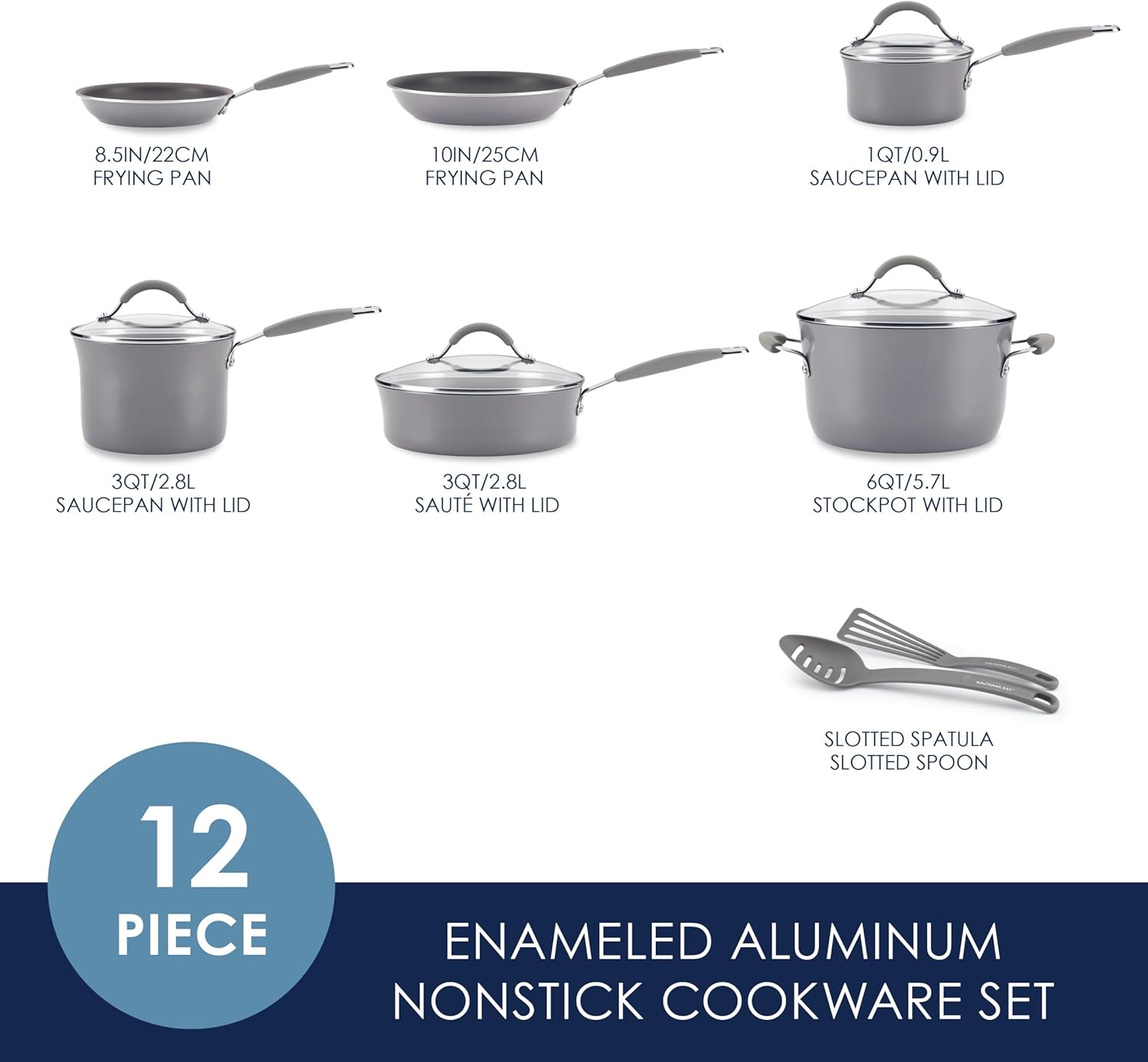 Rachael Ray – 16802 Rachael Ray Cucina Nonstick Cookware Pots and Pans Set, 12 Piece, Sea Salt Gray