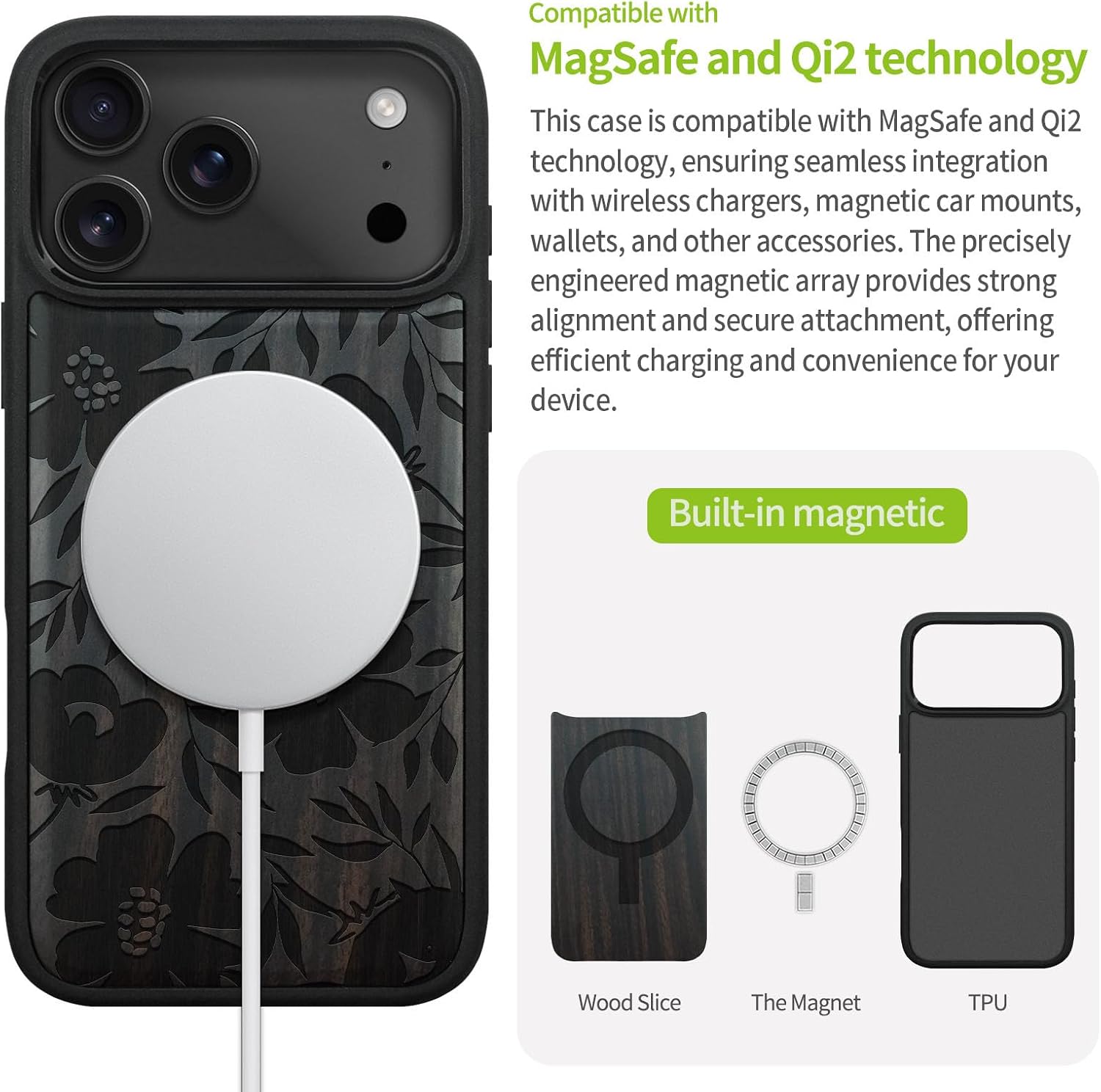 Carveit Magnetic Wooden Case for iPhone 17 Pro Max Case, Wood Artisan Engraved & Black Soft TPU Shockproof Cover, Compatible with MagSafe Wireless Chargers (Blooming Grace) Blackwood