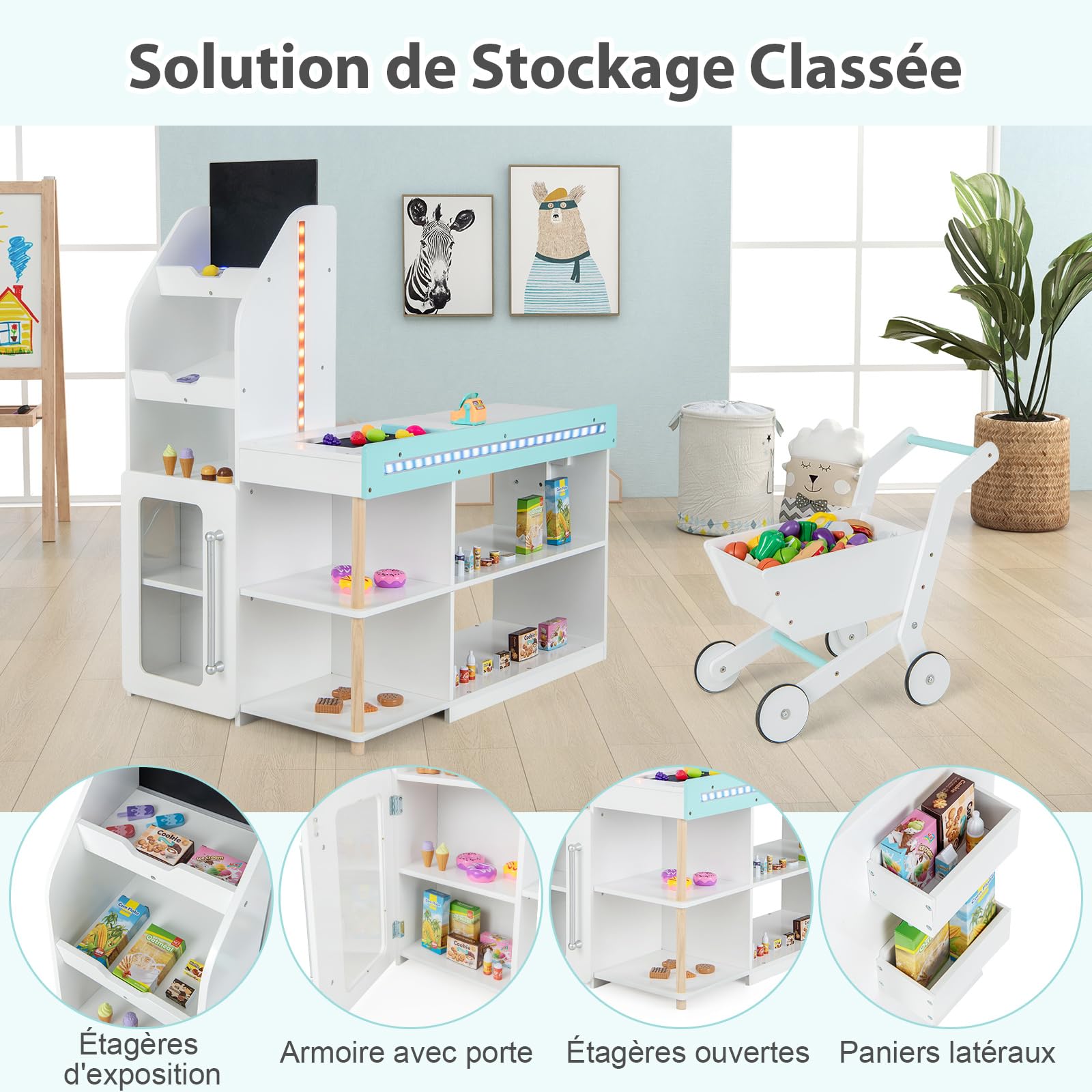 COSTWAY – Marchande Supermarché En Bois Avec Distributeur, Chariot, Caisse Et Scanner – Jeu D’épicerie Dès 3 Ans