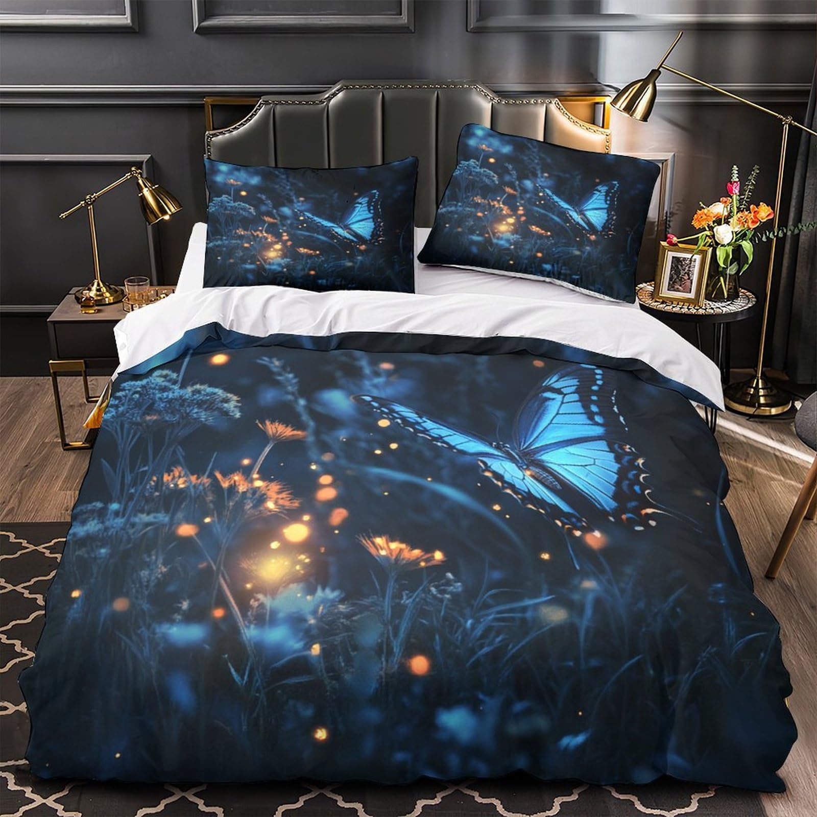 Drap de couette 3 pièces super king 260x220cm en microfibre imprimée scène nocturne papillon fantastique