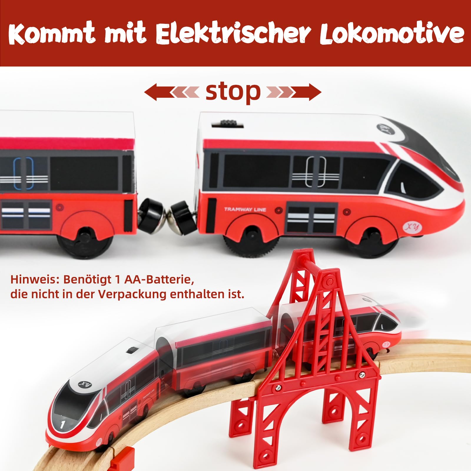 Ulikey Holzeisenbahn Set Kinder, 58 Teiliges Holzeisenbahn Schienen und Zug Spielzeug, Modelleisenbahn-Set mit Elektrische Lok und Feuerwehr, Spielzeugeisenbahn-Set Geschenk für Jungen und Mädchen