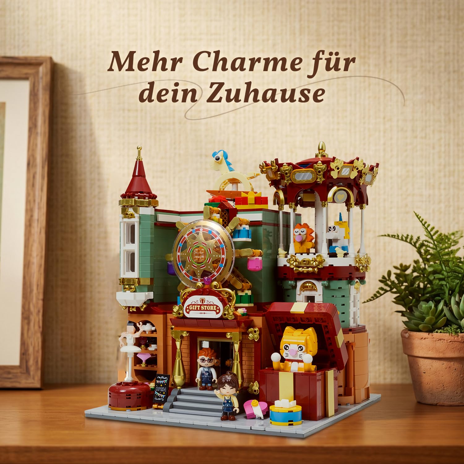 PANTASY Geschenkeladen, modulares Klemmbausteine Set | Motorisiertes Märchenhaus mit Karussell, Riesenrad, aufklappbarer Rückwand und detailreichem europäischem Interieur