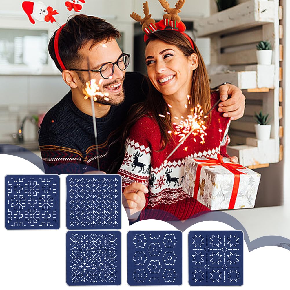 ORIGACH Kit Sashiko Fai Da Te Per 5 Sottobicchieri - Cucito Tradizionale Giapponese, Tessuto Blu Navy Con 5 Disegni, Fili E Accessori