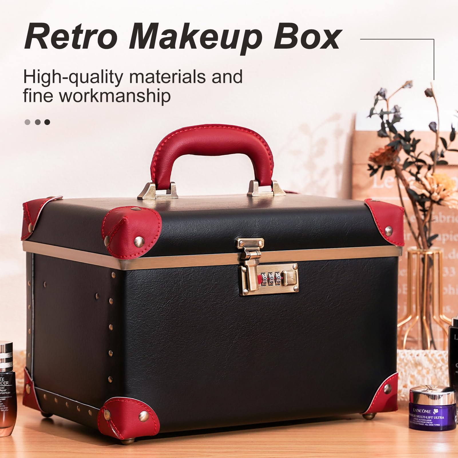 Urecity Estuche de cosméticos vintage de cuero con espejo - Estuche de maquillaje de carcasa dura para mujer, estuche de maquillaje de viaje con candado de números y gran espacio de almacenamiento