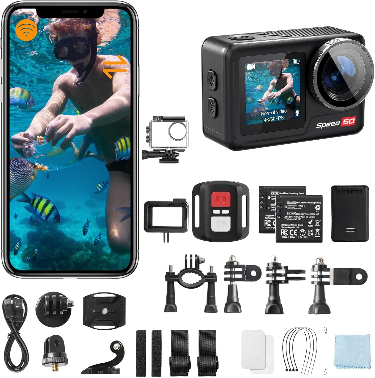 Amazon | Hiicam アクションカメラスピード 50 4K60FPS 30MP