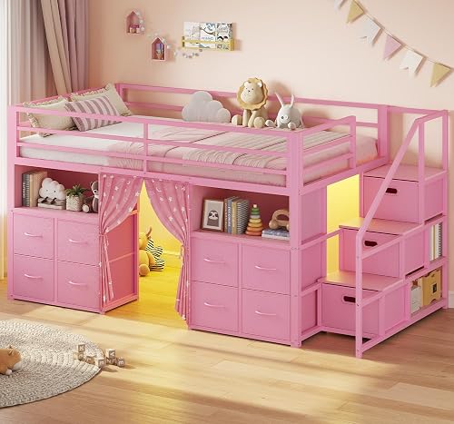 ADORNEVE Low Loft Bed Twin Size with Stairs & Privacy