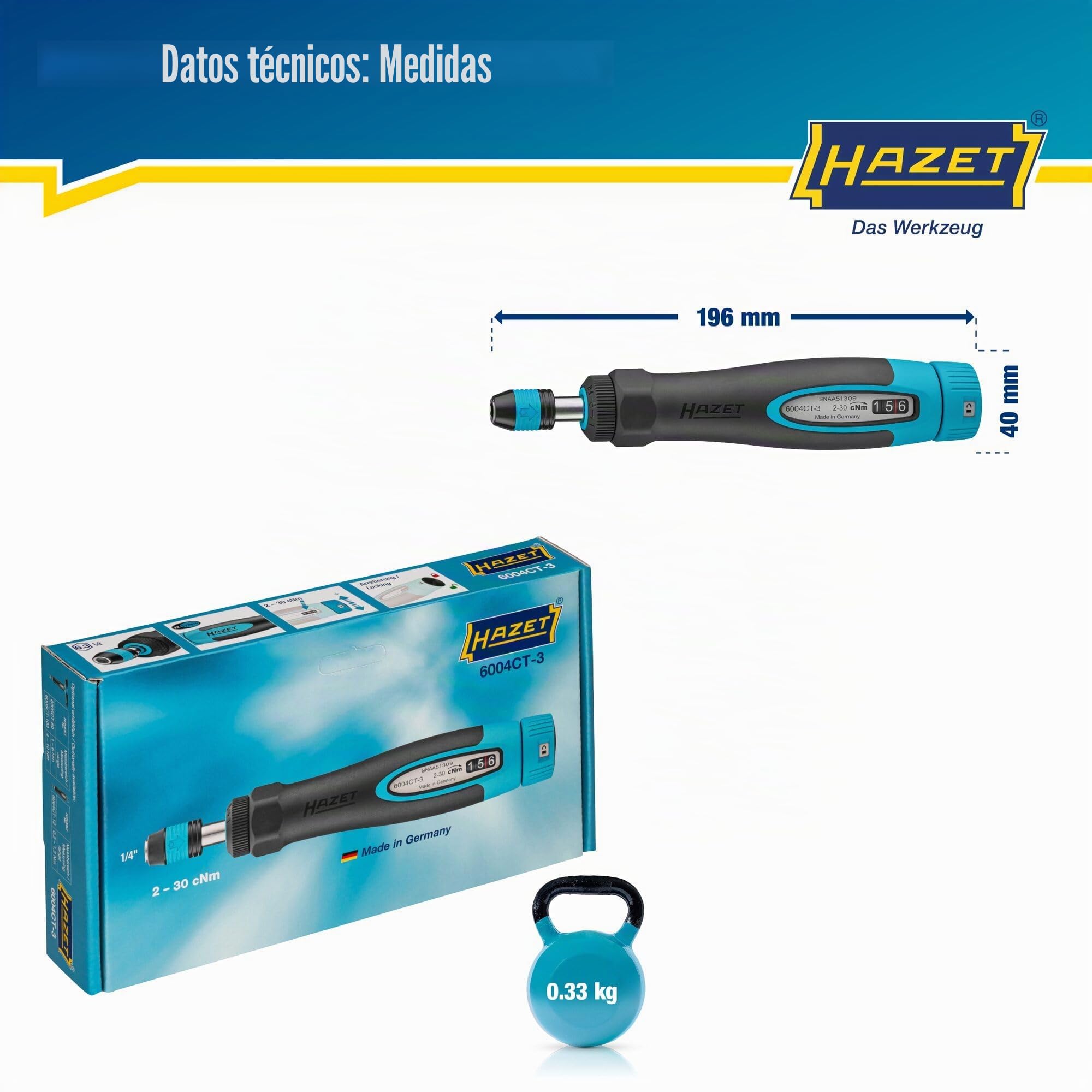 Hazet Destornillador dinamométrico 6004CT-3, 1/4" con mango estándar, 0,02-0,3 Nm, 6% de precisión, 196 mm de longitud, conmutable derecha/izquierda, mecanismo de rueda libre