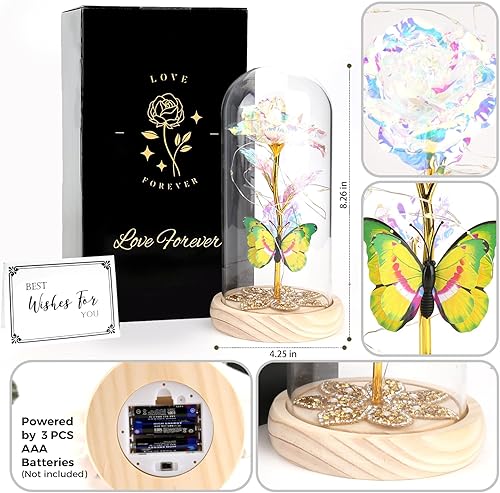 Miniatura 2 de Regalos de Rosas de La Bella y la Bestia, Rosas Iluminadas Eternas en Cúpula de Cristal Galaxia Mariposa Globo de Rosa Regalo para Ella Abuela