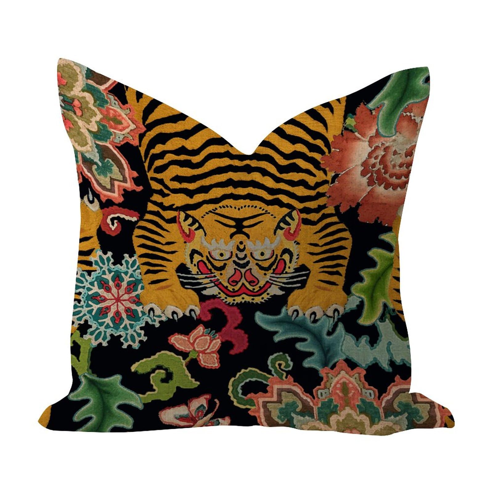Animal Tiger Chinoiserie Stripe Colorful Throw Pillow Cover 22x22 Linen Decorative Pillow Shell Tibetan Tiger Boho Chic Ethnic Square Throw Pillow Case for Sofa Tent Couch Indoors Home Decoration