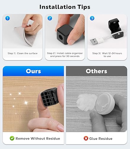 Miniatura 6 de MoKo Paquete de 8 clips magnéticos para cables, organizador de cables de escritorio, soporte de cable adhesivo, soporte para cables para mesita de