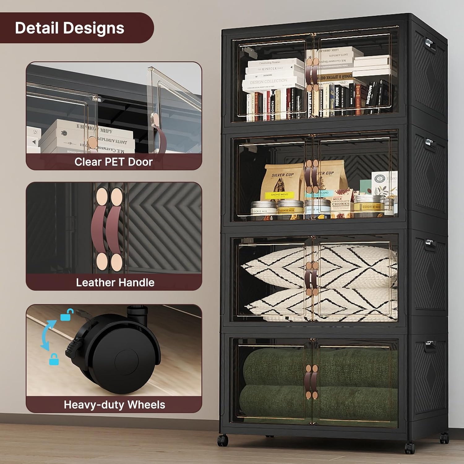 Extra Large Stackable Storage Bins, 640QT Lockable Storage Bins with Lids, Folding Storage box with Doors & Wheels, Collapsible Plastic Drawers for Home, Garage, Office (4, Black, Extra Large)