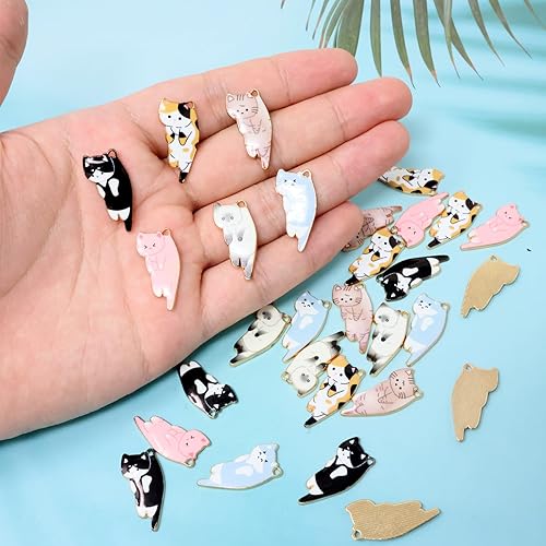 Miniatura 5 de Honbay 30 dijes de gato de aleación esmaltada para aretes, collares, pulseras, llaveros, joyería y manualidades (6 colores)
