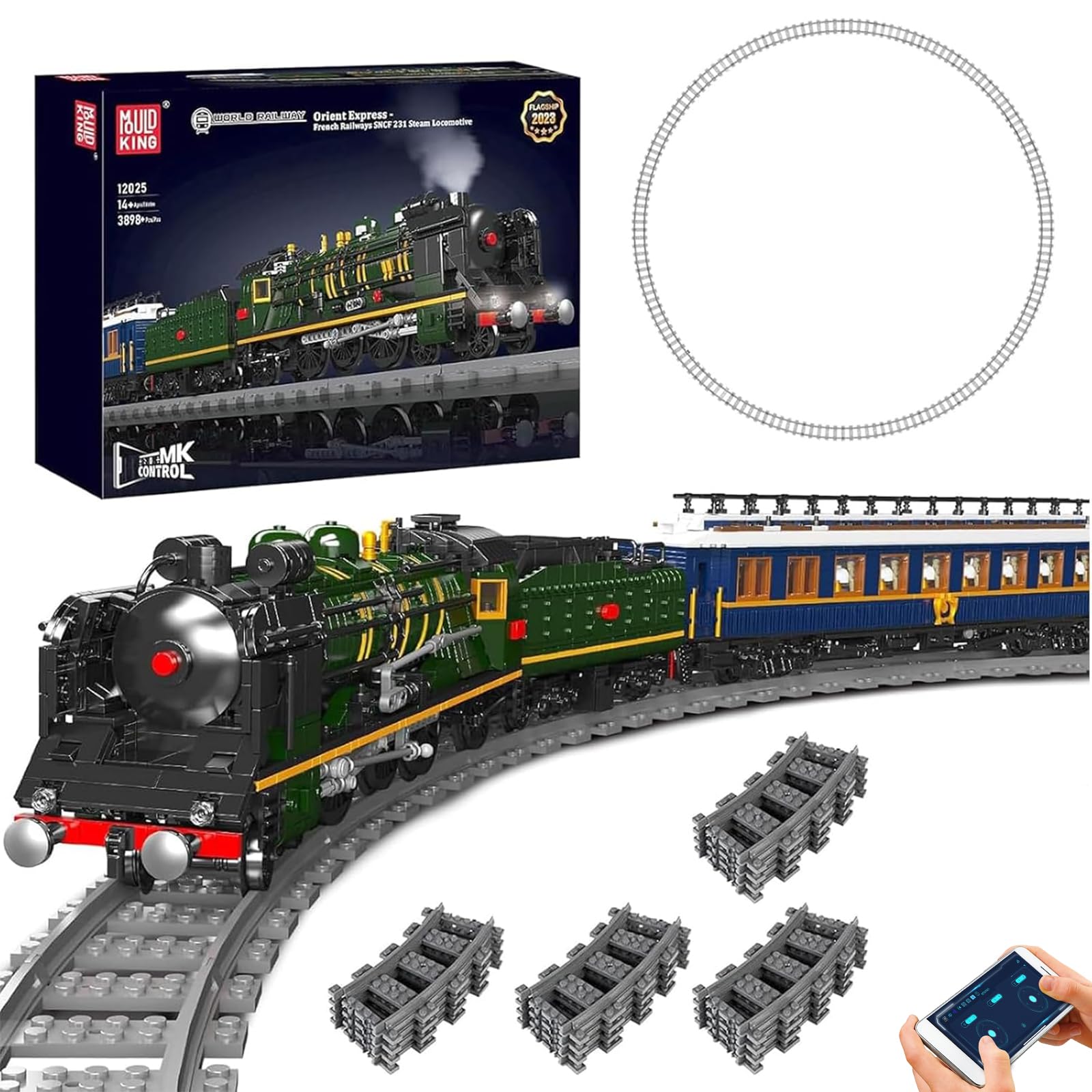 Mould King 12025 Technology Remote Controlled Steam Locomotive SNCF 231 of Orient Express French Railways Train Lighting Building Blocks Set LED Light Building Kit 3898 Piece Clamp Blocks Kit