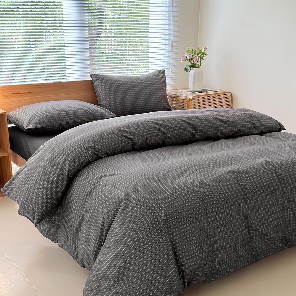 NSNLGSGC Double Duvet Cover Set, Plaid Duvet Cover Double Bed and 2 Pillowcases Bedding Set Easy Care 200 x 200 cm Dark Grey Grid - Image 2