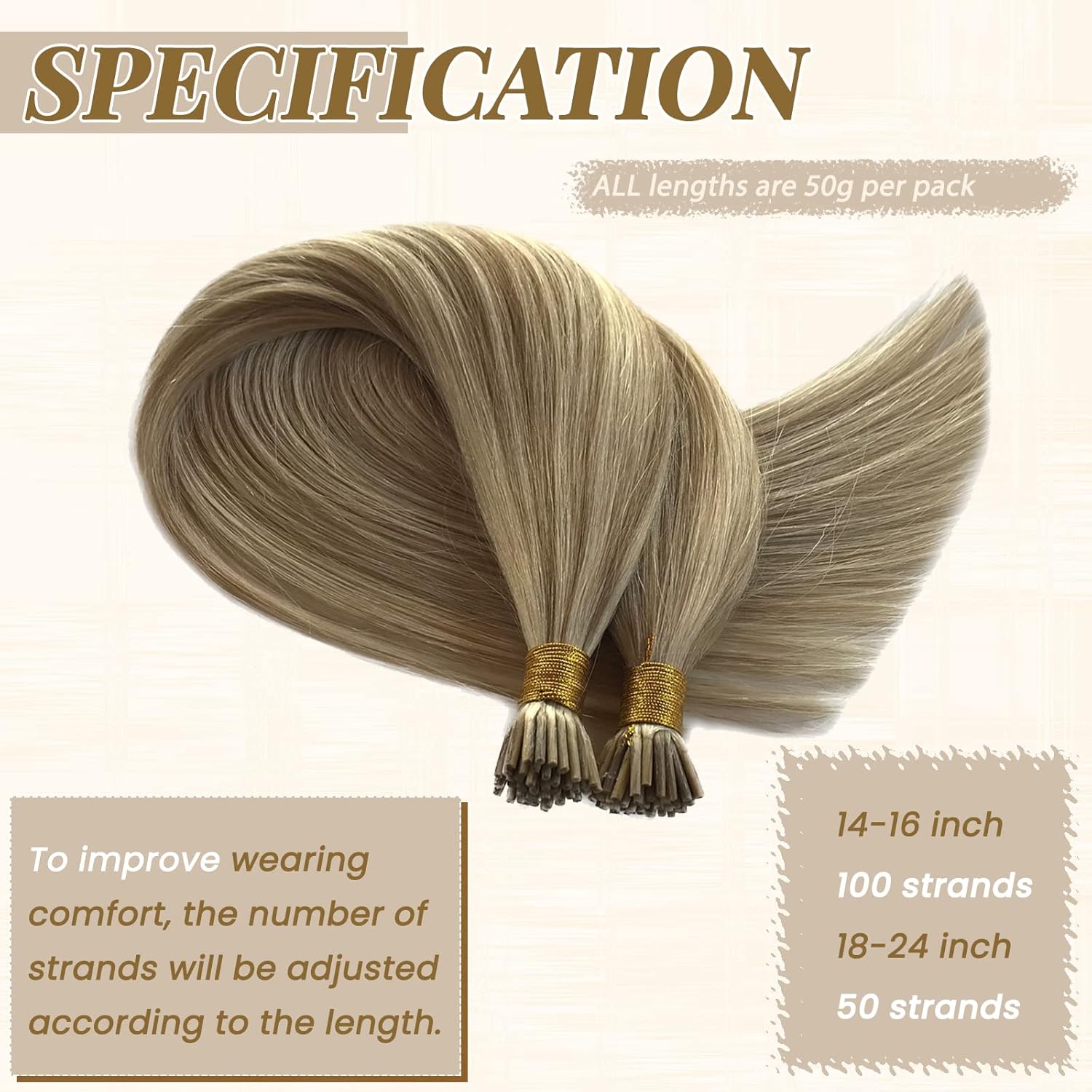 I Tip Hair Extensions Human Hair 50g, Balayage Ash Blonde with Platinum Blonde Highlights, Straight 18" Keratin Itip Extensions