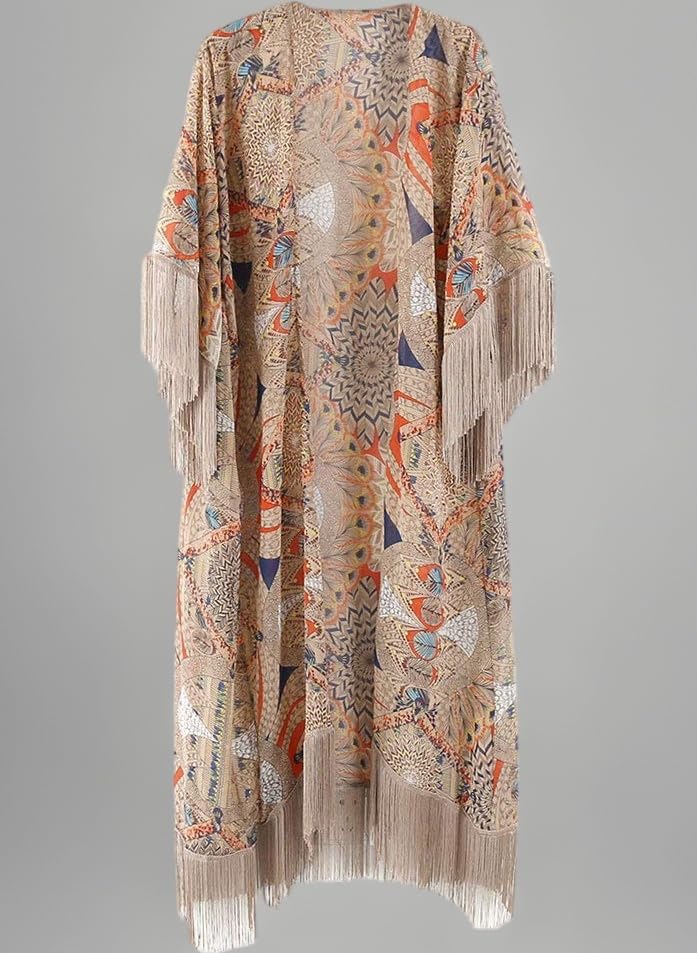 Womens Summer Half Sleeve Chiffon Cardigan Boho Retro Geometric Floral Printed Fringed Tassels Patchwork Bikini Cover Up Ankle Length Kimono Cape