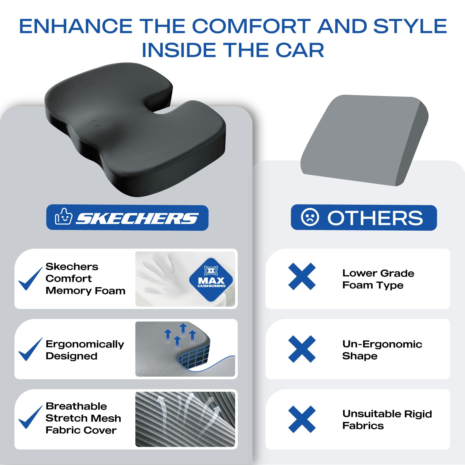 Skechers Cojín de asiento de espuma viscoelástica, cojín de silla de oficina para aliviar el dolor de coxis, almohada para silla de oficina, cojín de asiento de coche, escritorio de computadora,
