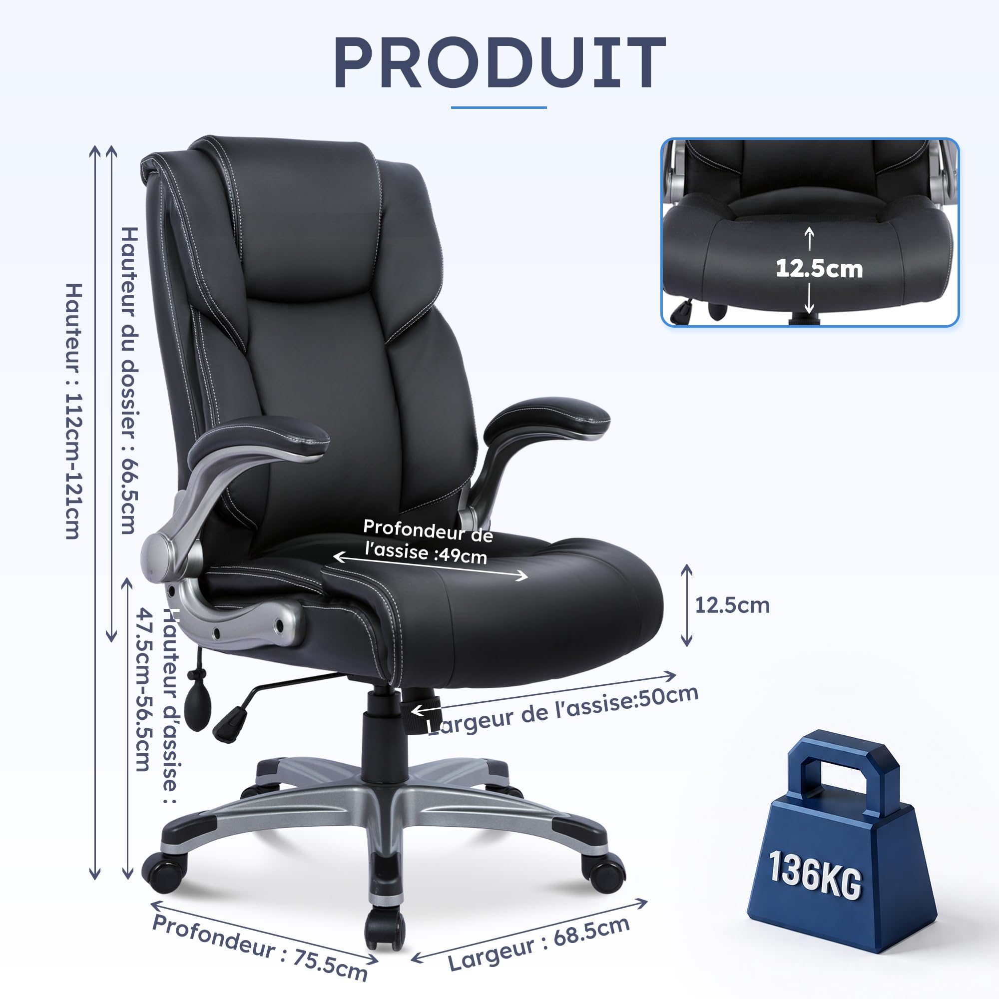 MALOL Fauteuil de Bureau Ergonomique, Siège de Direction avec Dossier Haut, Chaise de Bureau en Cuir avec Accoudoirs Rembourrés et Rabattables, Verrouillage d'Inclinaison Réglable, Noir
