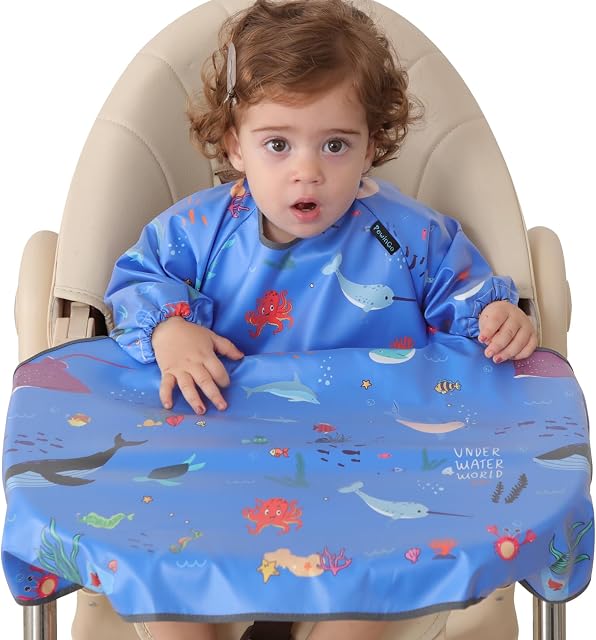 PewinGo Weaning Bib Attaches and Fully Cover to Baby Highchair, Long Sleeves Bib with Waterproof, Comfortable,Machine Washable, Suitable for BLW 6 Month to 2 Years Old-Blue,Toddler Bib