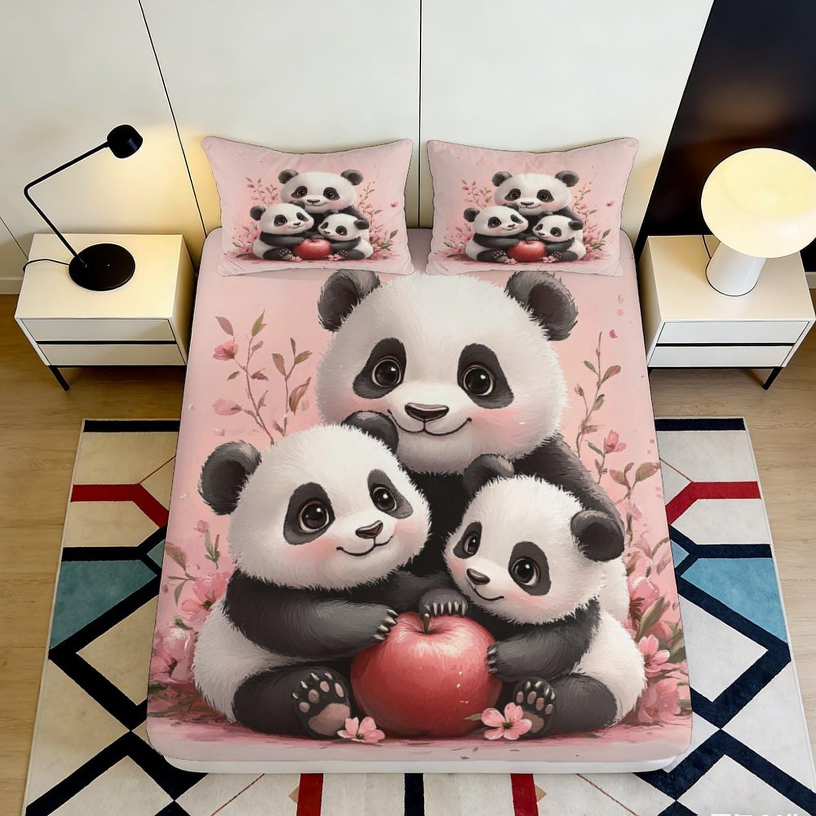 3D Printed Panda Fitted Sheet Microfiber Non-Slip Deep Pocket Panda Mattress Fitted Cover Bedroom Use 200x200x25cm