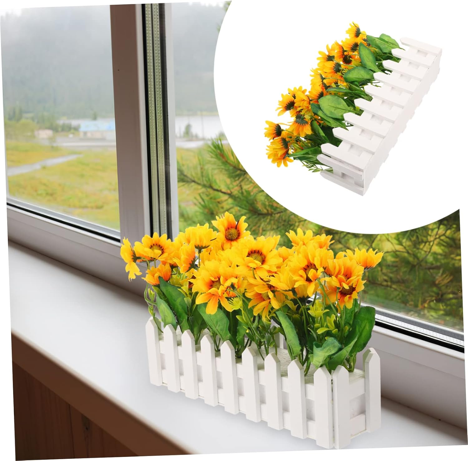 Artificial Sunflower Plant with Fence Pot for Classroom Corner Decor Fake Potted Sunflower Arrangement for Home Office and Tabletop Decoration