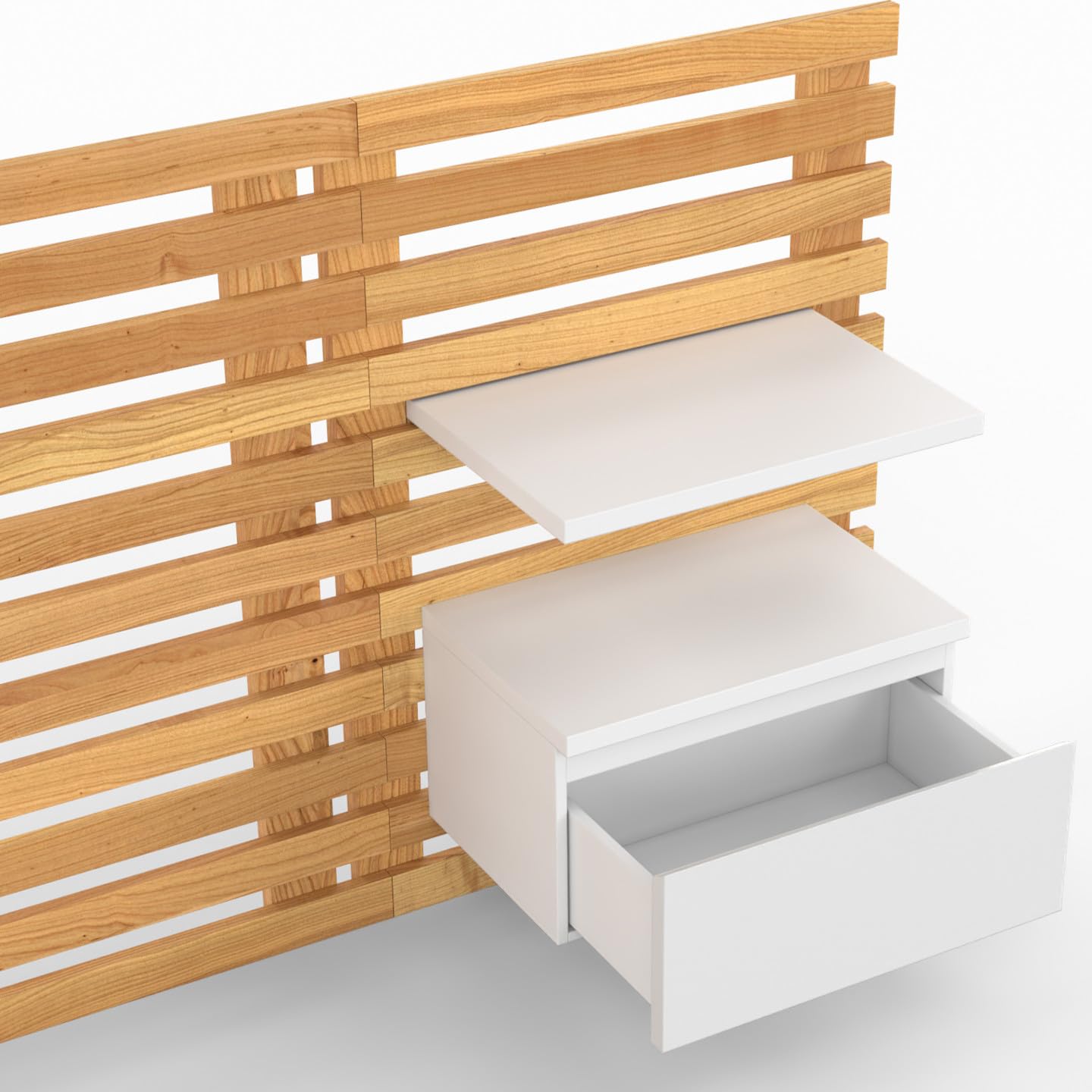 IDMarket - Cabecero de lamas AVA con mesillas colgantes 240 CM madera clara y blanco