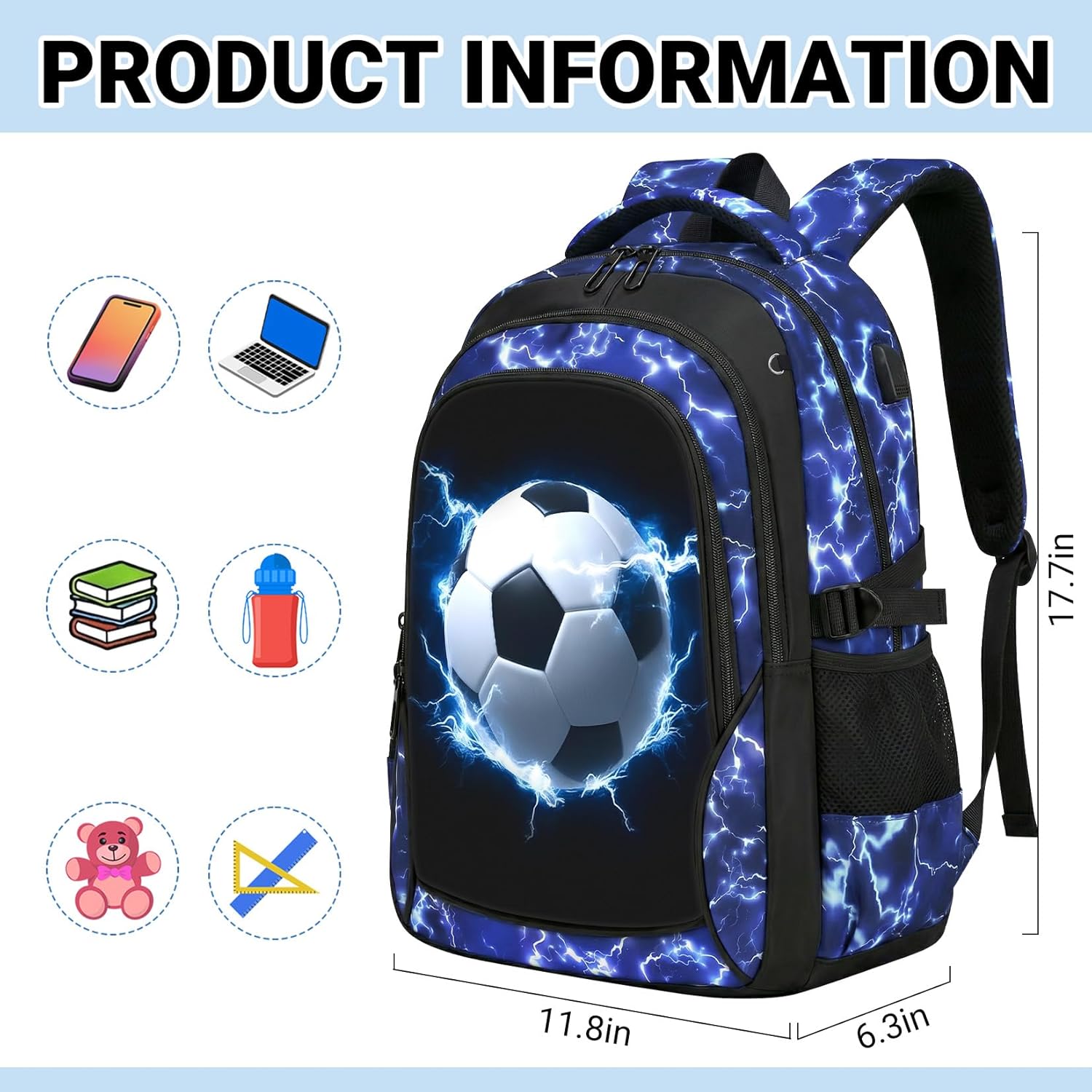 School Backpack for Boys - Soccer Boys Backpack for Kids Teens Elementary Middle School，18" Large Capacity Waterproof Bookbag with Usb Charging Port, Travel Daypack for age 6-18