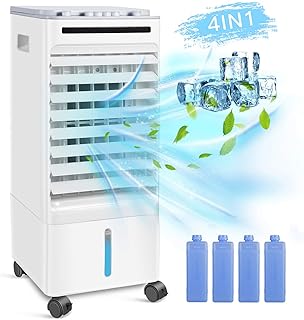 SONBION Evaporative Air Cooler, 4 In 1 Air Cooler Cool Fan Humidifier Air Purifier, Room Cooler with 4 Ice Trays, Evaporative Cooler for Home Office, Cooler Fan with Wheel, 5l Water Tank (RFS-18)