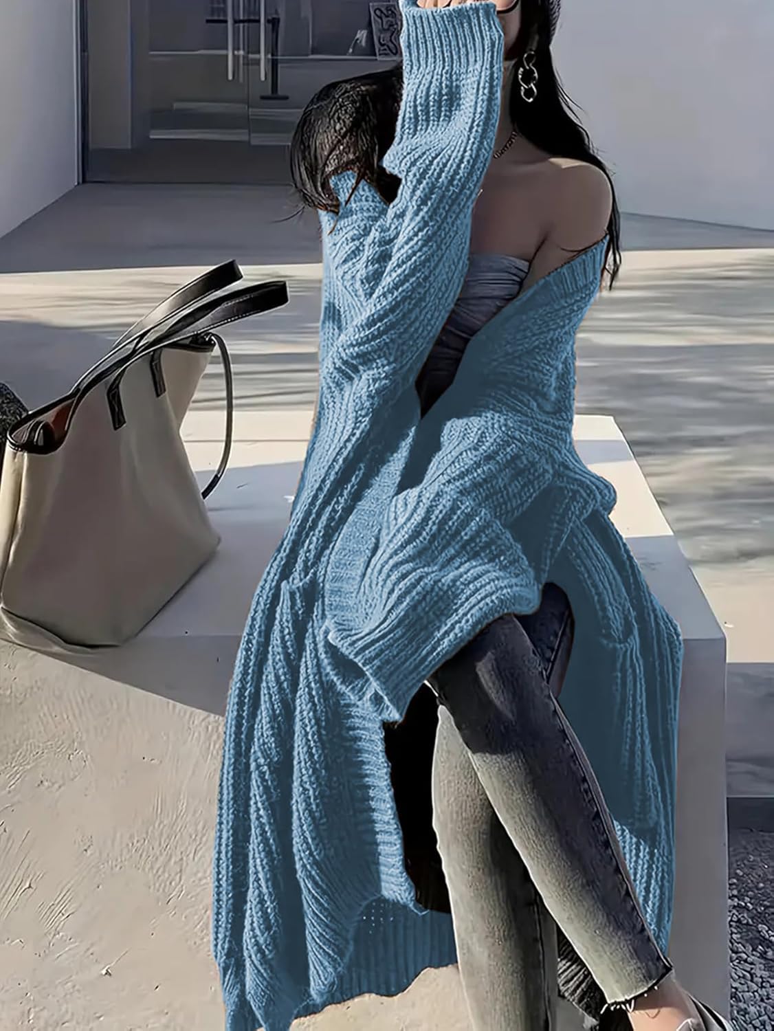 Womens Long Cardigan Sweaters Open Front Oversized Duster with Pocket for Women 2025 Fall Winter Knit Design Coats - Image 2